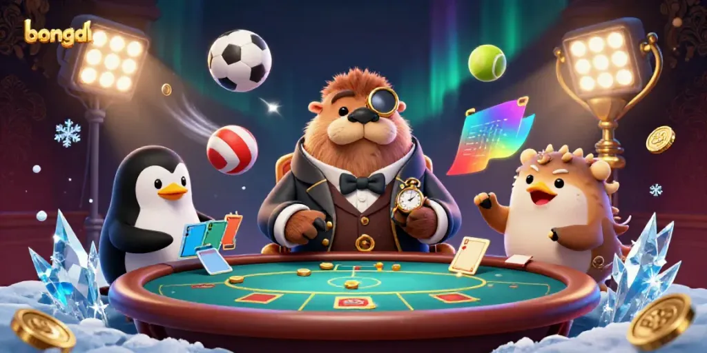 Bongdalu showcases a lively underwater poker game with a walrus, penguin dealer, and pufferfish in action.