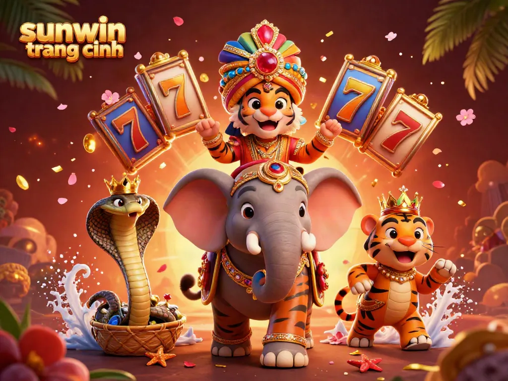 Engage with sunwin trang chính featuring a vibrant 3D scene of a royal tiger and elephant amidst dynamic casino elements