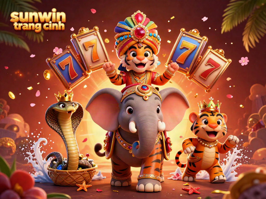 Engage with sunwin trang chính featuring a vibrant 3D scene of a royal tiger and elephant amidst dynamic casino elements