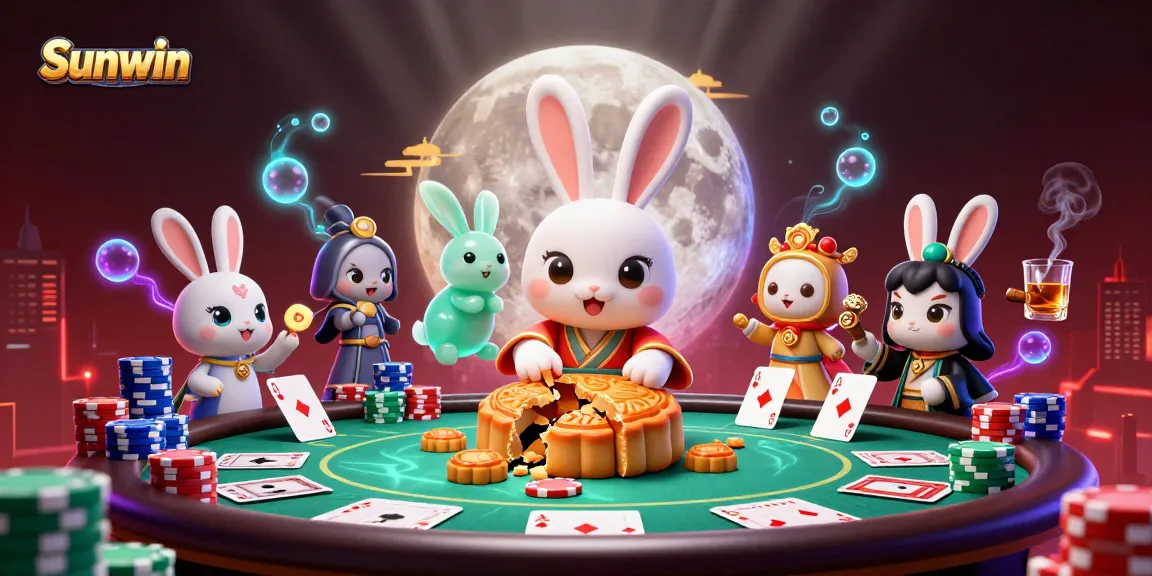 Experience the excitement of Sunwin with a cartoon moon rabbit revealing poker chips while playing games.