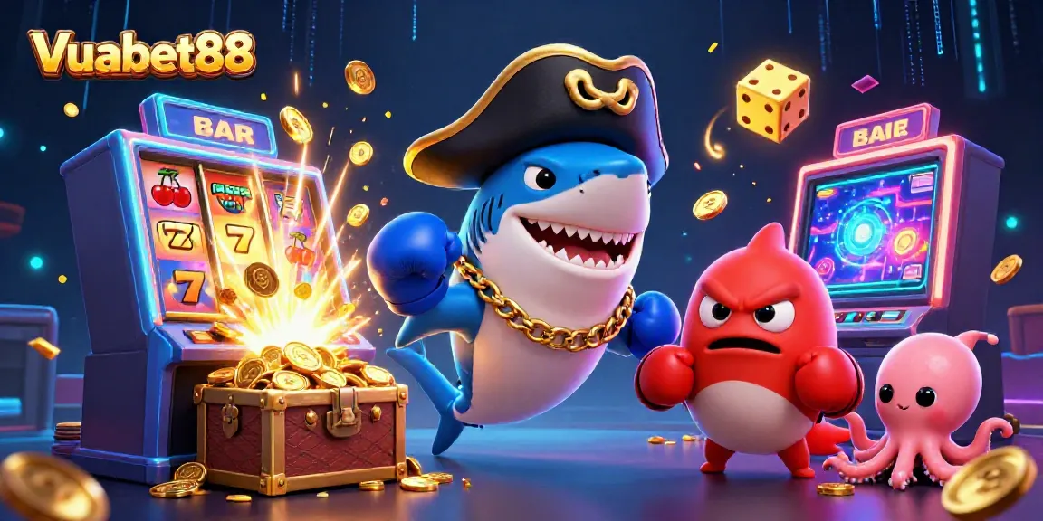 Win big with Vuabet88's vibrant casino illustration featuring exciting slot machines and playful characters.