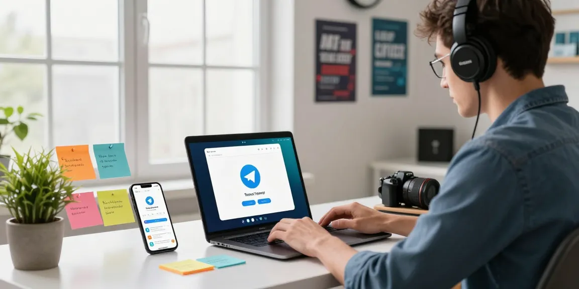 Download Telegram on a modern workspace with a laptop, smartphone, and vibrant decor.