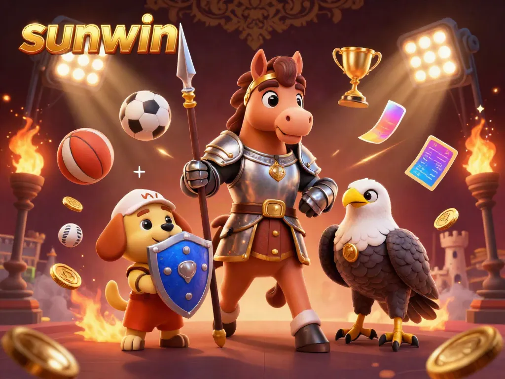 Engage with sunwin's dynamic gambling experience featuring a cartoon knight, shield-bearing puppy, and falcon amid flying sports balls.