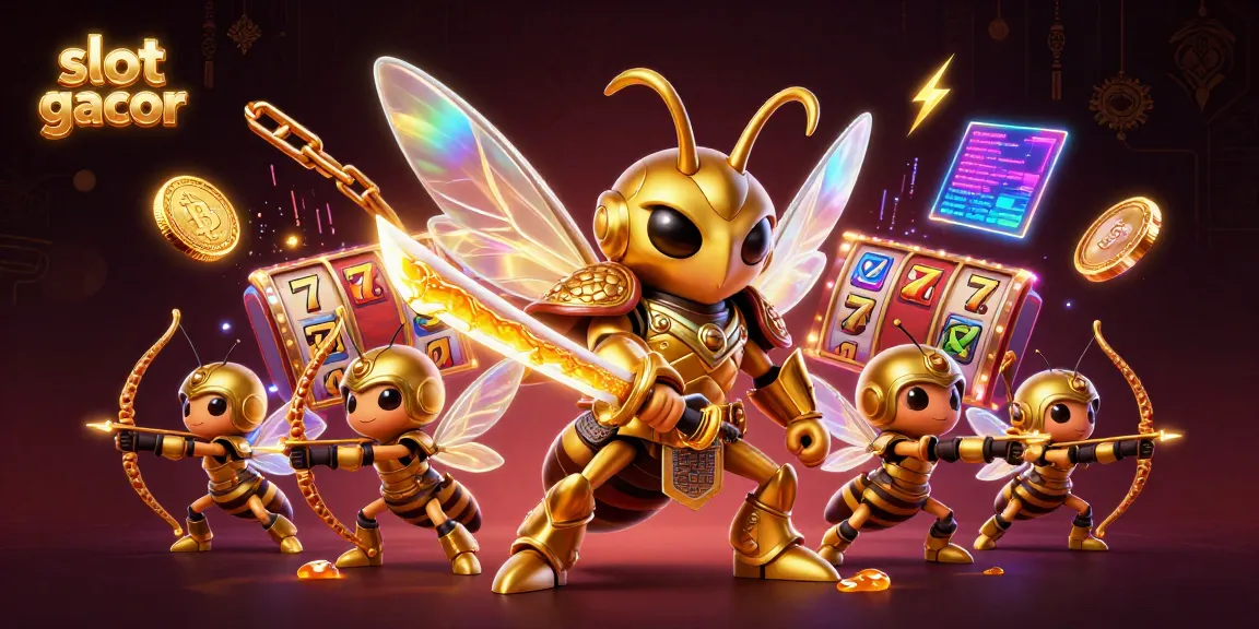 Engaging scene featuring slot gacor action with a golden hornet warrior and bee archers amidst jackpot symbols and cryptocurrency coins.