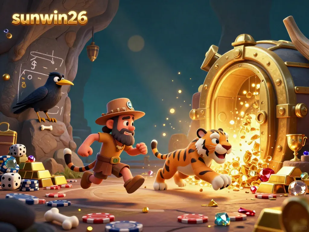 Experience the thrilling excitement of sunwin26 in this vibrant casino scene, featuring animated characters and dazzling treasures.