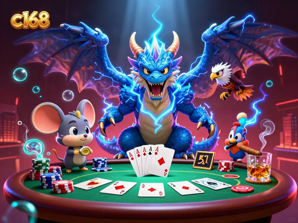 Engage in thrilling card action with c168 as lightning dragon, wind hawk, and thunder mouse captivate the poker table.