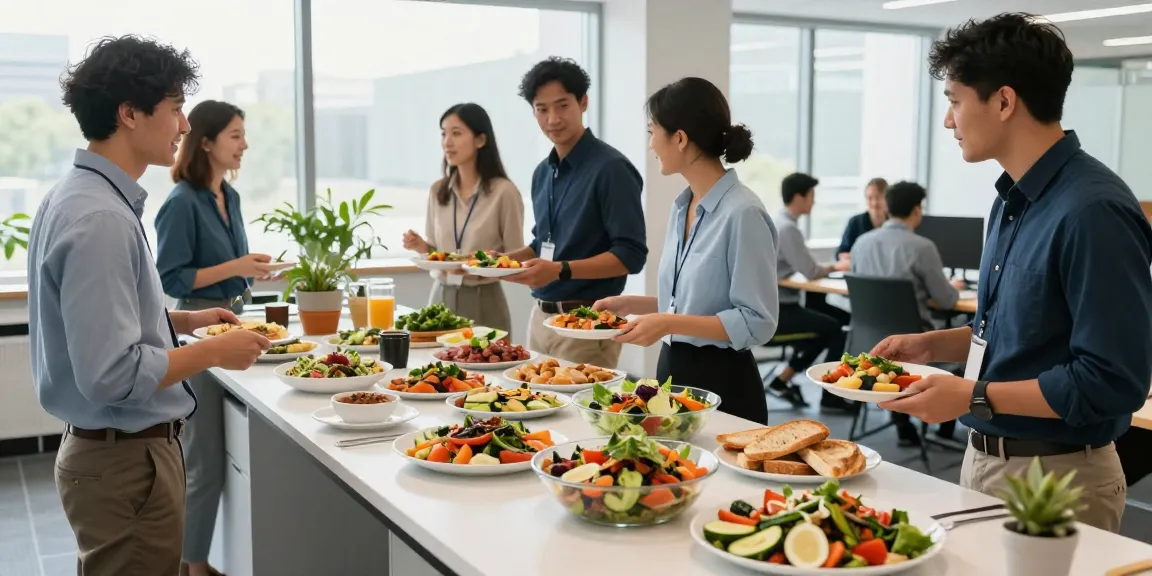 Ervaar de voordelen van catering voor bedrijven met een kleurrijk buffet en een betrokken team.