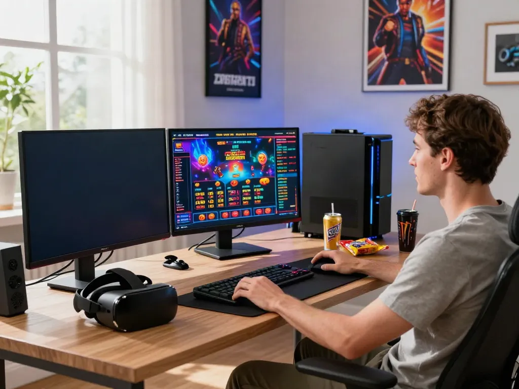 Male gamer at home on https://manclub1.jp.net/ with multiple monitors displaying vibrant games.
