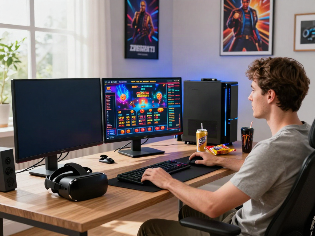 Male gamer at home on https://manclub1.jp.net/ with multiple monitors displaying vibrant games.