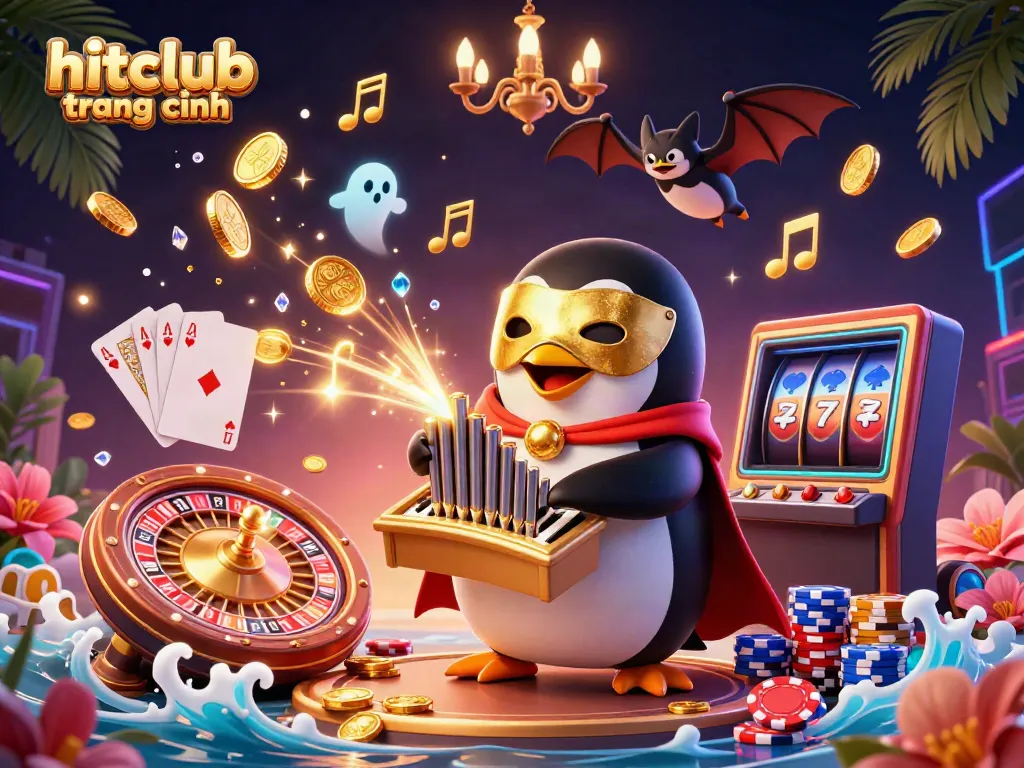 Experience hitclub trang chính with vibrant 3D illustration showcasing a penguin organist generating golden coins amidst casino elements.