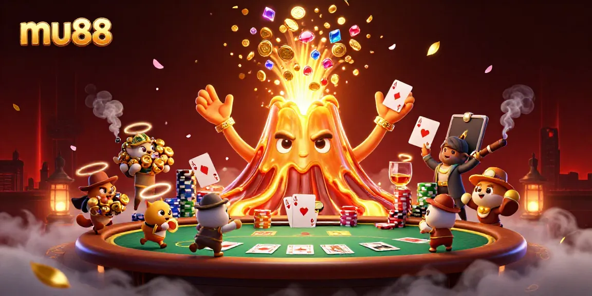 Experience excitement with mu88 as treasure-seeking animals escape a golden volcano in this vibrant casino scene.