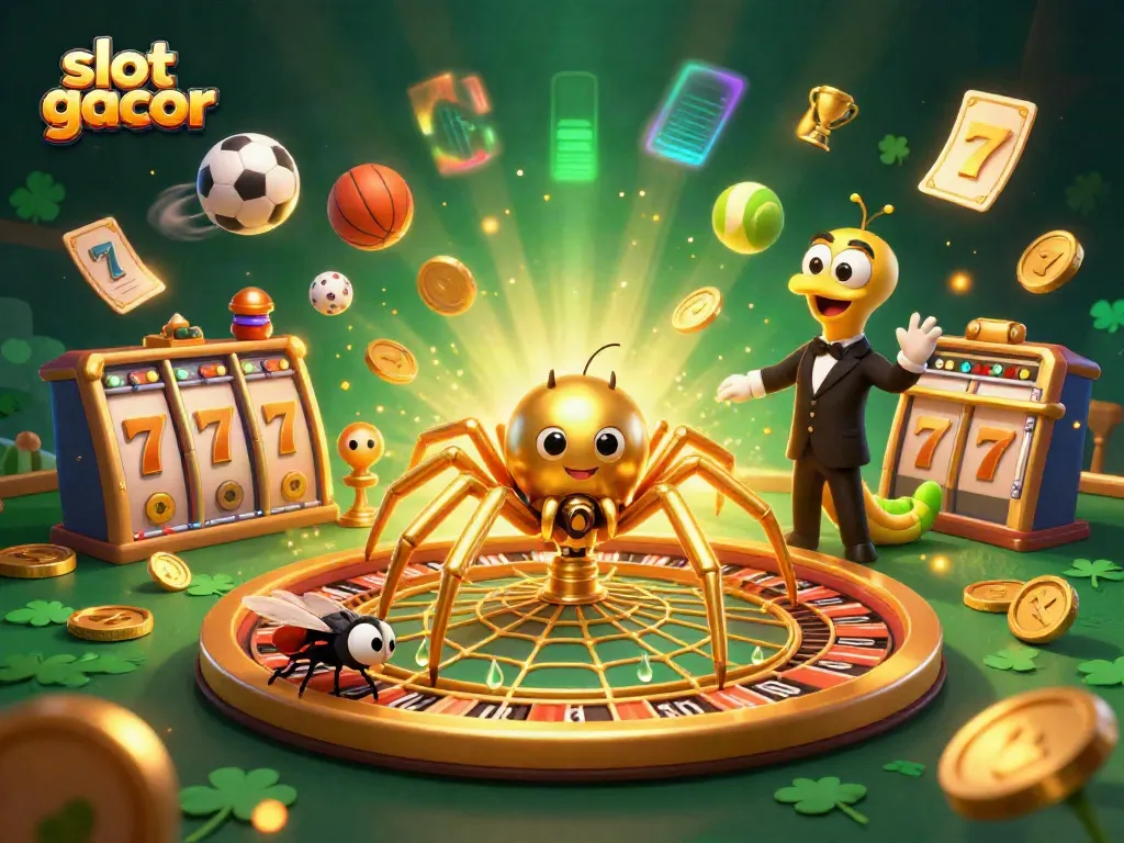 Experience thrilling slot gacor action with a golden spider spinning a jackpot roulette wheel.