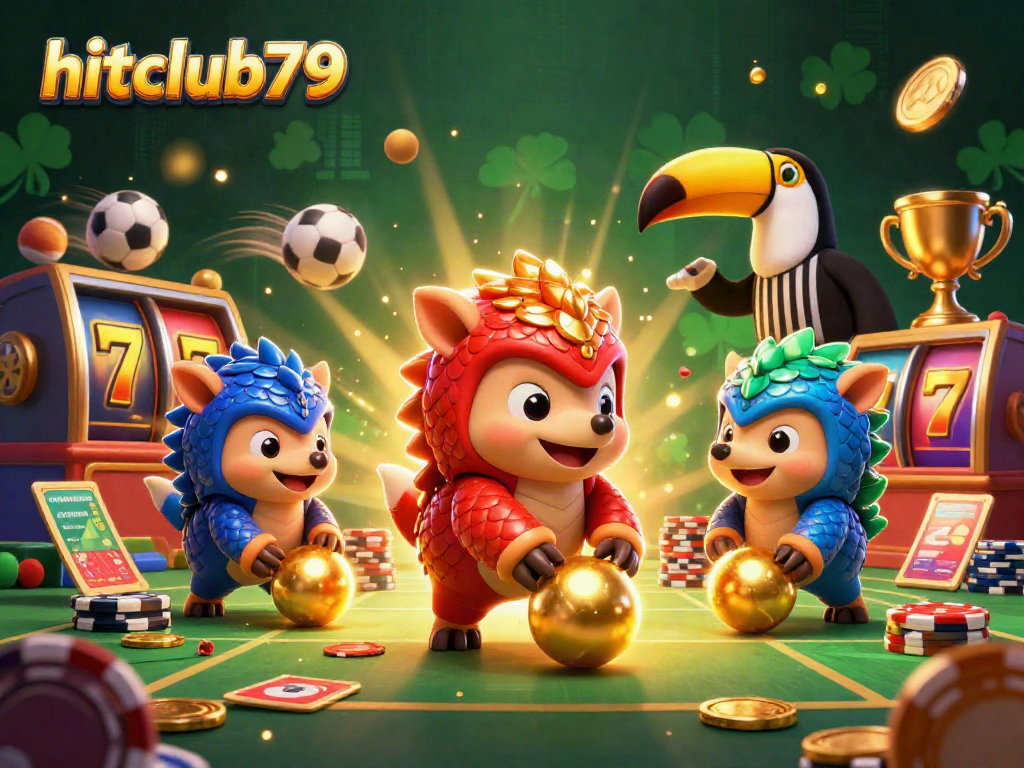 Engage with hitclub79's exciting slot games featuring colorful pangolins, trophies, and vibrant casino elements.