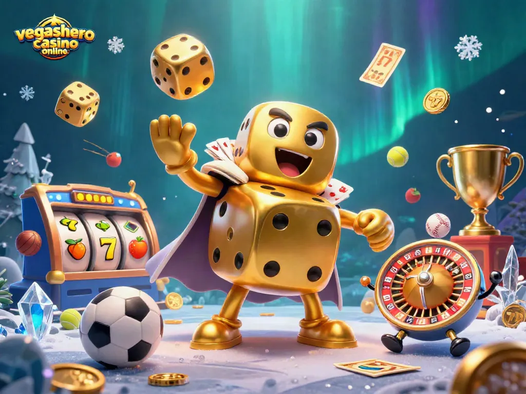 Experience excitement at VegasHero Casino online with golden dices, slot reels, and sports elements.