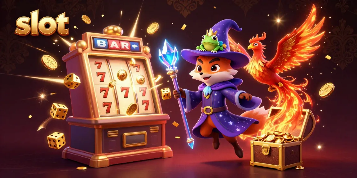 Experience the excitement of slot games with colorful animations bursting from a giant slot machine.