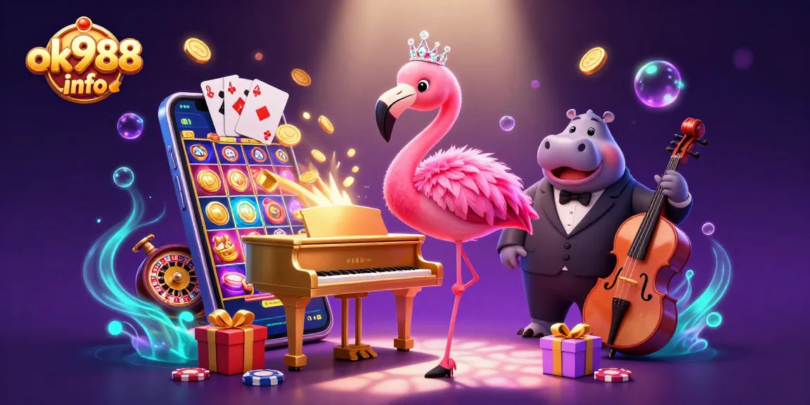 Engage with exciting games at ok988 info, showcasing a vibrant casino scene with a flamingo singer and dynamic game elements.