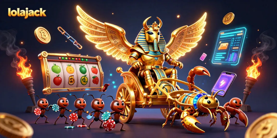 Engage with lolajack casino's vibrant golden scarab and scorpion chariot amidst dazzling slot game elements.