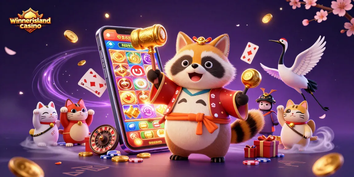 Experience the excitement of winnerislandcasino with cheerful characters and vibrant gaming elements in a 3D illustration.